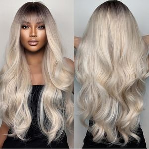 26 inch Ombre Blonde Platinum Wavy Synthetic Hair Wig with Bang